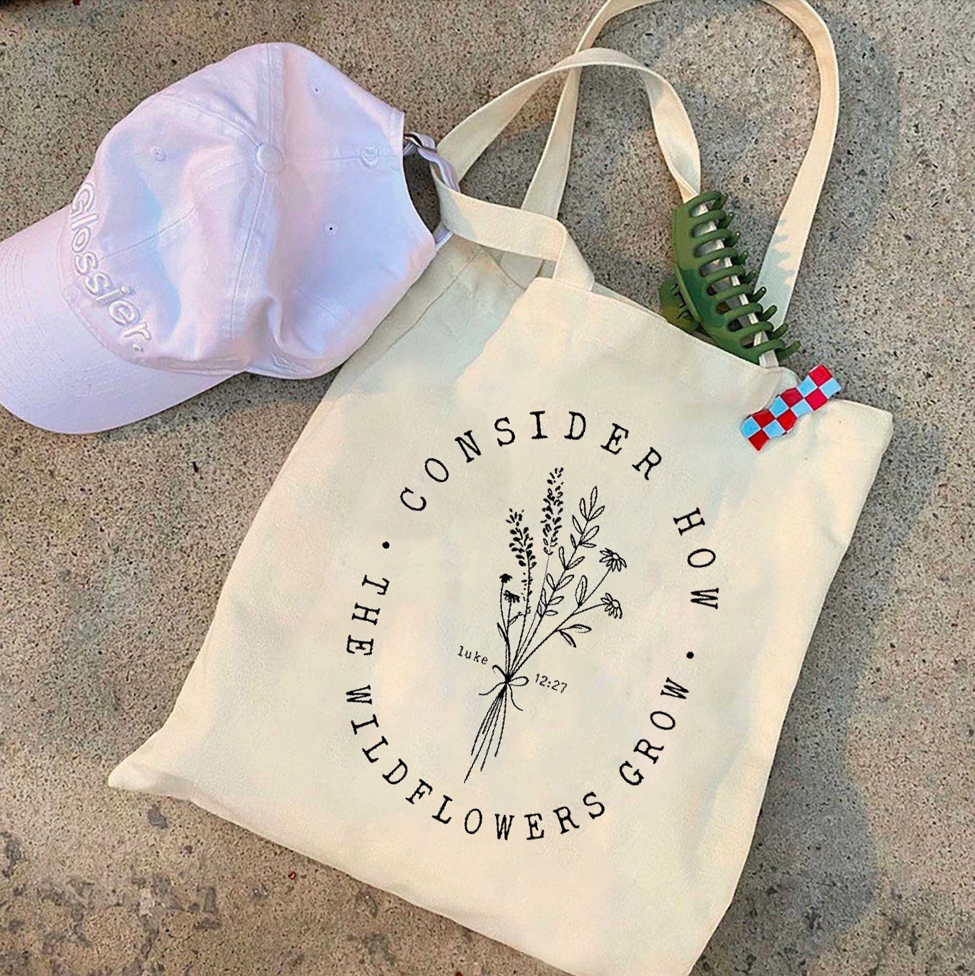 Consider How The Wildflowers Grow Tote Bag – Christian Canvas Tote – Bible Verse Bag – Religious Gift – Eco-Friendly Reusable Tote – Faith-Based Accessory TBLAF12